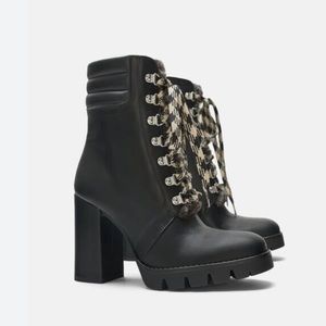 NWT Zara Black Lace Up Combat Heel Real Leather Boots Lug Soles Fur Size 36 6